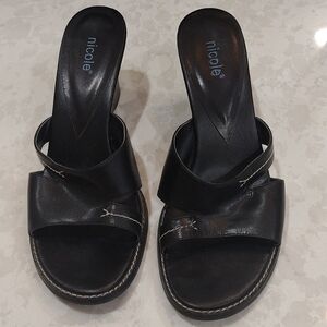 Nicole Black Leather Wedge Sandals. Size 7 1/2 M